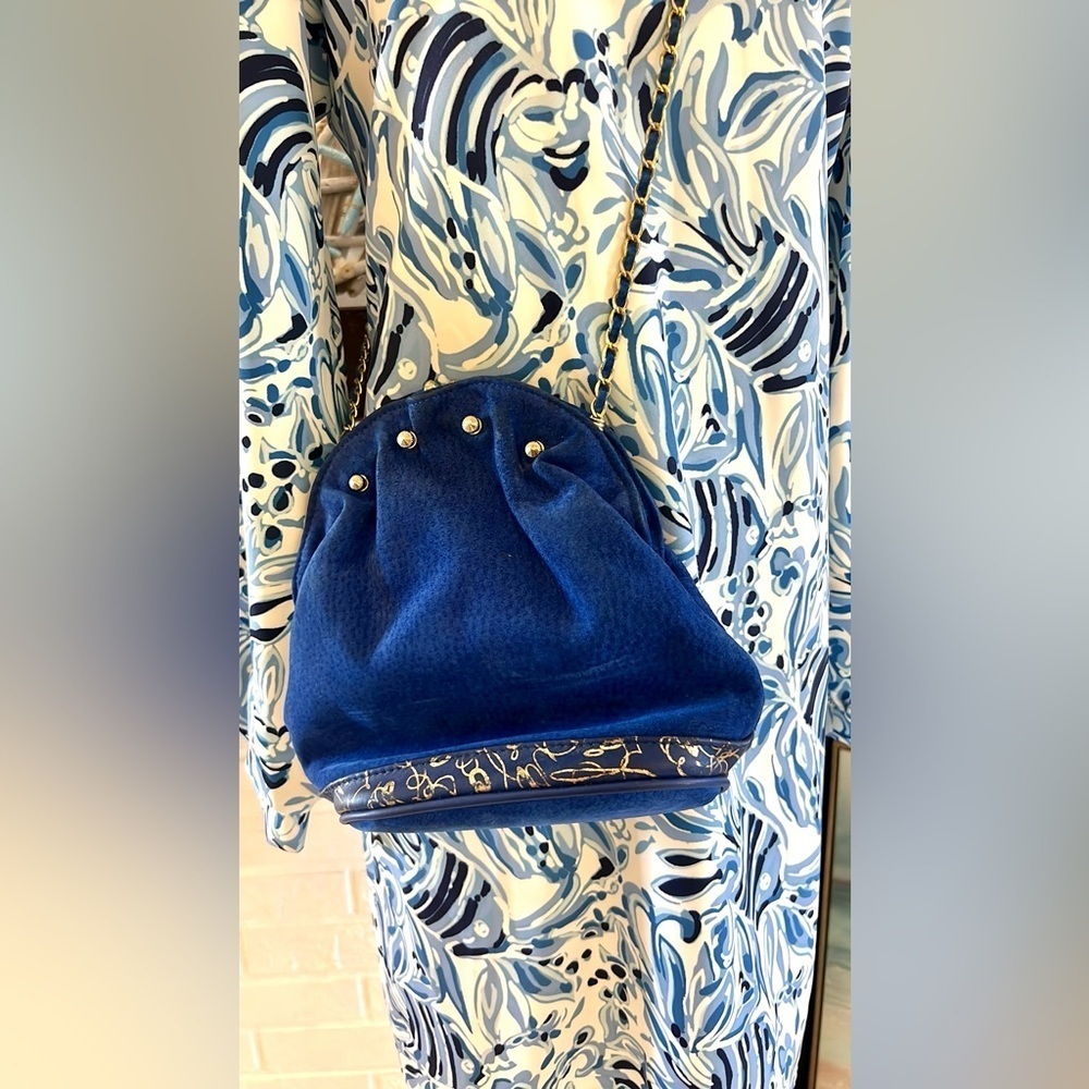 💙LIDO Handbag,Vibrant Blue Suede Leather, Made in USA,Blue/Gold Woven Chain,EUC